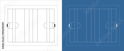 Top Down Orthographic Technical Drawing of Gaelic Football Pitch with Goalposts and Field Markings