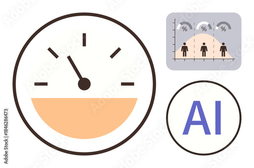Gauge measuring level, AI text, analytics graph with people and percentages. Ideal for technology, machine learning, data analysis, progress tracking, statistics, innovation simple flat metaphor