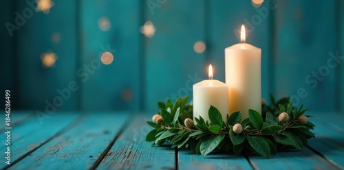 Green advent wreath, white candles, blue wood background, star bokeh Third Sunday of Advent , third advent, spirituality, advent wreath