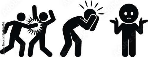 A series of black and white icons illustrating physical violence and its resulting pain and emotional distress