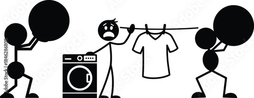 Heavy burden of household chores and laundry work illustrated by stick figures