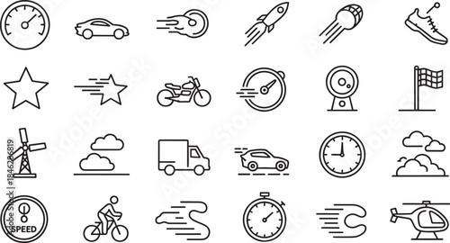 Collection of minimalist black outline icons depicting speed and movement velocity fast