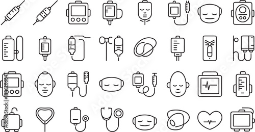 Collection of Medical Infusion Pump Syringe and Stethoscope Icons healthcare iv bag