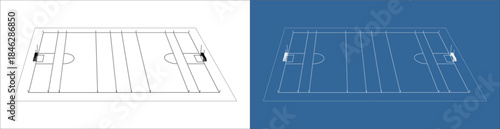 Isometric Wireframe Drawing of Gaelic Football Pitch from Corner Angle on Blueprint Background