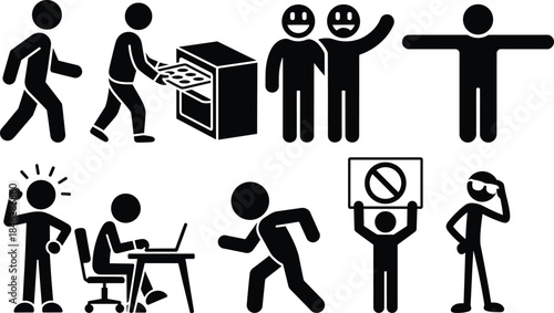 A collection of stickman pictograms illustrating everyday activities and concepts