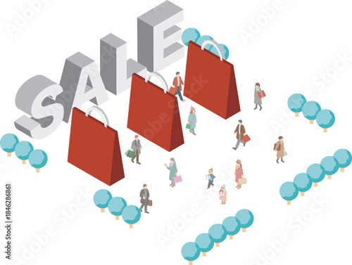 Isometric vector illustration of large "SALE" text and shopping bags, concept of retail promotion and shopping