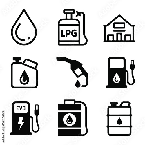 Fuel & Energy Icon Set (Outline + Solid Monochrome)