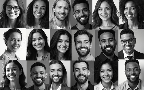 Large black and white collage, portrait of multiracial smiling different business people. A lot of happy modern people faces in mosaic collection. Successful business, team, career, diversity concept