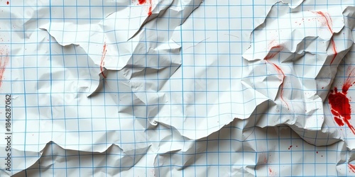 Close-up of crumpled, ink-stained graph paper with visible grid lines,  vintage,  stained