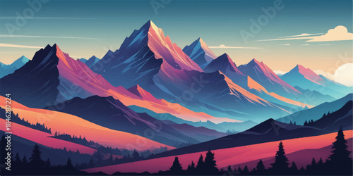 Stylized sunset mountain background with geometric shapes and soft pastel tones