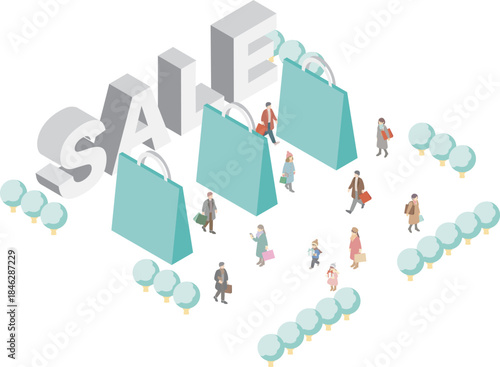 Isometric vector illustration of large "SALE" text and shopping bags, concept of retail promotion and shopping