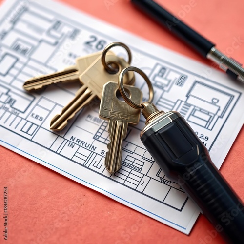 New home keys, blueprint, and pen flat lay on vibrant background,  conceptual,  new house
