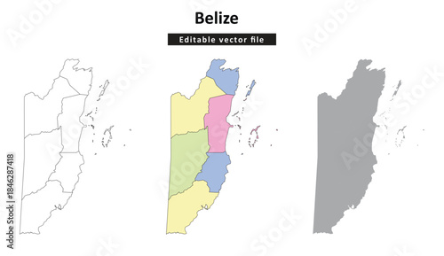 Belize map with administrative divisions and outline, presented as an editable vector file.