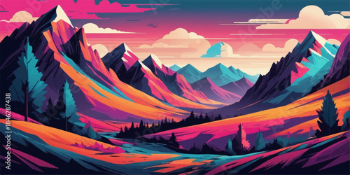 Multicolor layered vector mountain illustration with pastel gradient and contemporary design style