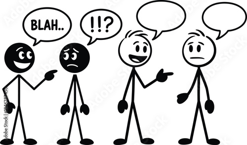 An illustration depicting four stick figures engaged in a confusing and one-sided conversation