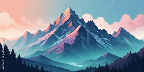 Dreamy mountain scenery with layered silhouettes and smooth gradient sky background