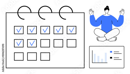 Productivity, time management, mindfulness, meditation, stress relief, organization. Calendar with checkmarks, person meditating chart with statistics. Productivity and time management