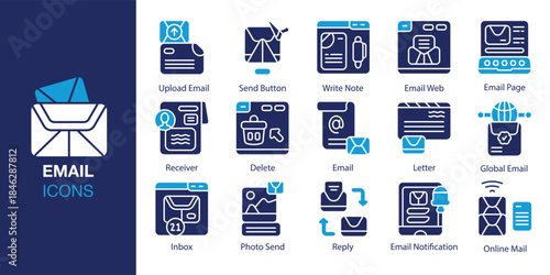 Email Icon set. Containing forward, address, contact, communication, newsletter and more. Solid vector icons collection. Vector illustration.