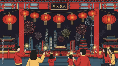 People celebrating chinese new year with fireworks and lanterns in a city