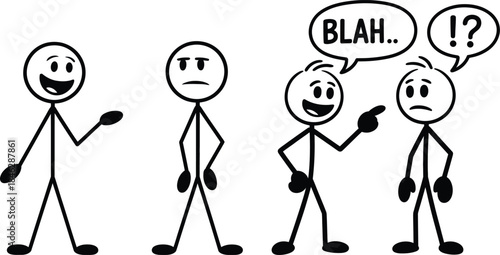Stick figures illustrating communication problems and different reactions to conversation
