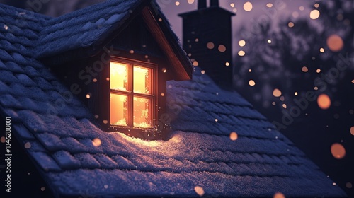A snow-covered rooftop with a warm, glowing light shining through the window. .