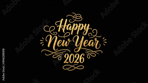 Golden happy new year 2026 text with elegant swirling design on
