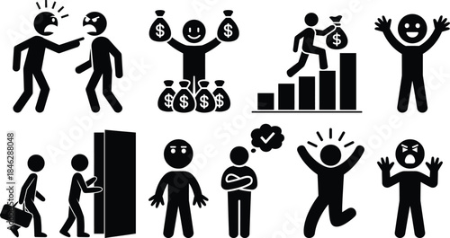 A collection of pictograms representing human emotions, financial success, and daily life situations