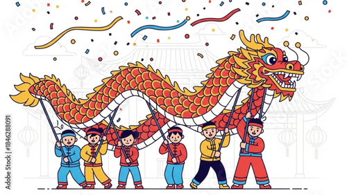 A group of people in colorful clothing carrying a large red dragon on during a festive celebration with confetti and ribbons