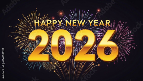 Happy new year 2026 celebration with fireworks and golden text on