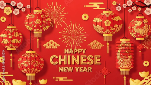 Happy chinese new year greeting with traditional lanterns and decorations on red background