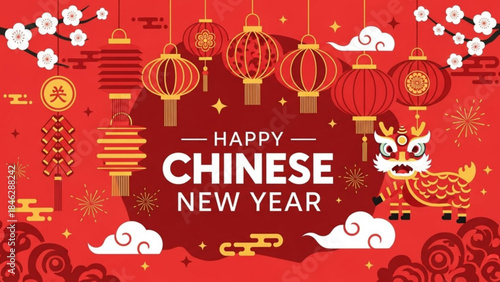 Happy chinese new year greeting card with dragon and lanterns on red background