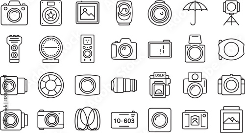 Collection of minimalist outline icons of cameras lenses and photography equipment vector