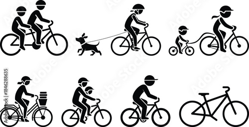 Collection of various cycling activities and bicycle illustrations in simple black silhouettes