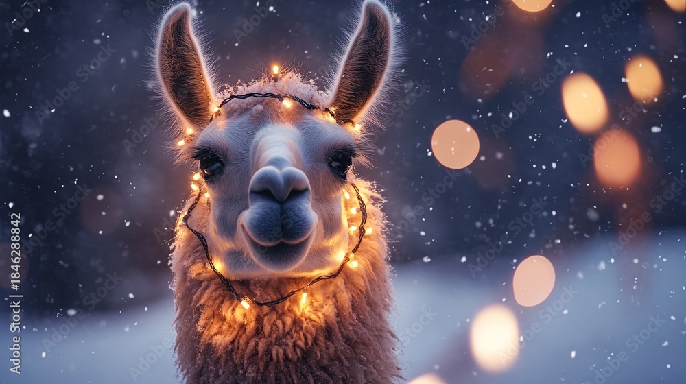 Fototapeta premium A llama with fairy lights tangled in its fur, smiling joyfully in the snow. .