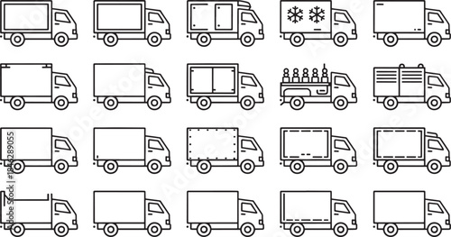 Collection of minimalist outline icons representing various types of trucks and delivery vehicles lorry