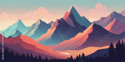 Abstract vector mountain landscape with layered peaks, soft gradients, and warm sunset colors