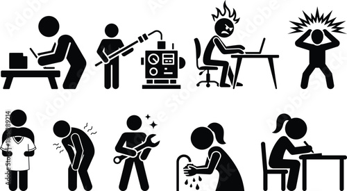 Pictograms illustrating various occupations, work stress, and health issues