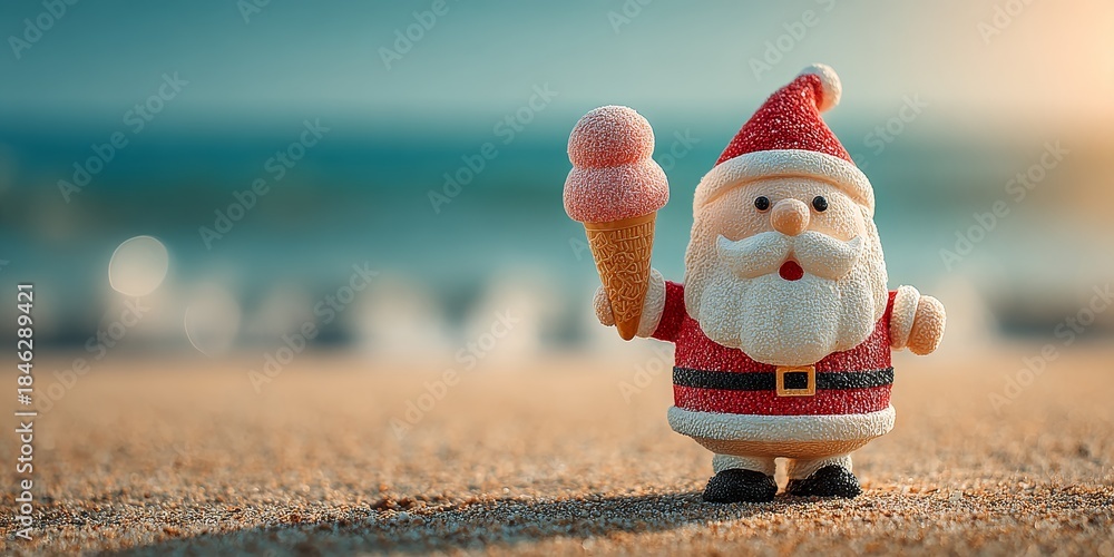 Naklejka premium Santa Claus figurine with melting ice cream cone on sandy beach under warm sunlight, symbolizing holiday fun in summer vacation context