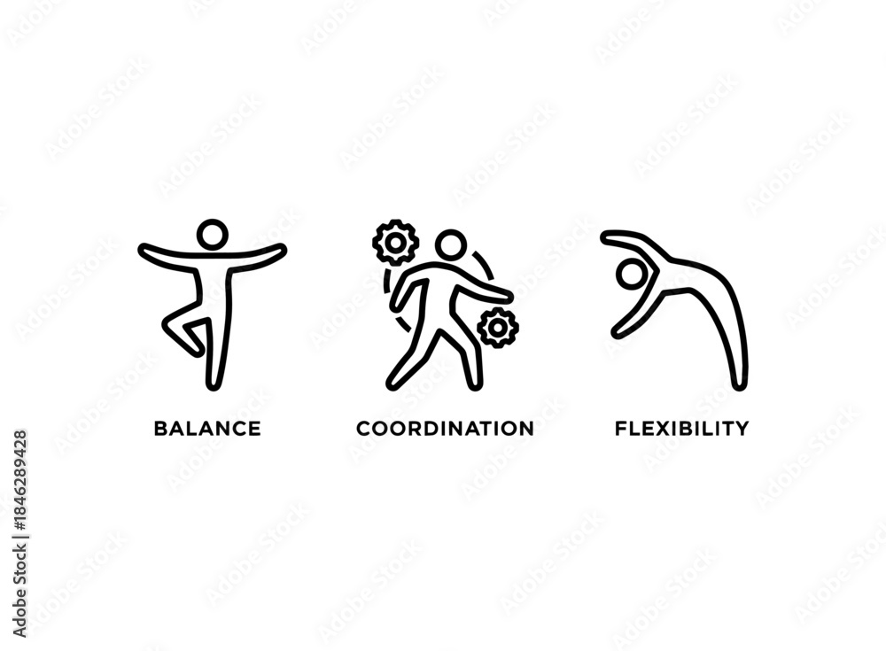Fototapeta premium Balance Coordination Flexibility Minimal Bold Line Icon Set
