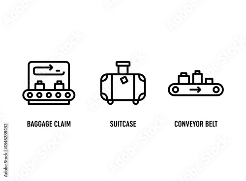 Baggage Claim Conveyor Belt Suitcase Minimal Bold Line Icon Set