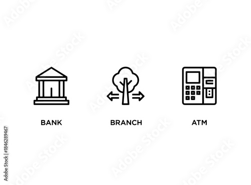 Bank Branch ATM Minimal Bold Line Icon Set