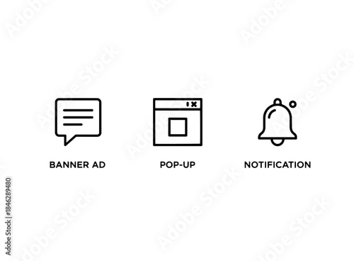 Banner Ad Pop up Notification Minimal Bold Line Icon Set