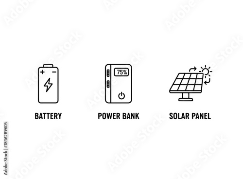 Battery Power Bank Solar Panel Minimal Bold Line Icon Set