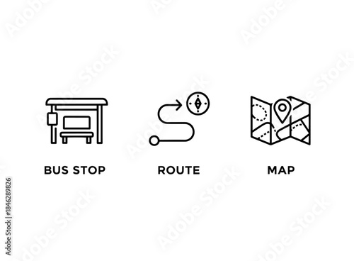 Bus Stop Route Map Minimal Bold Line Icon Set