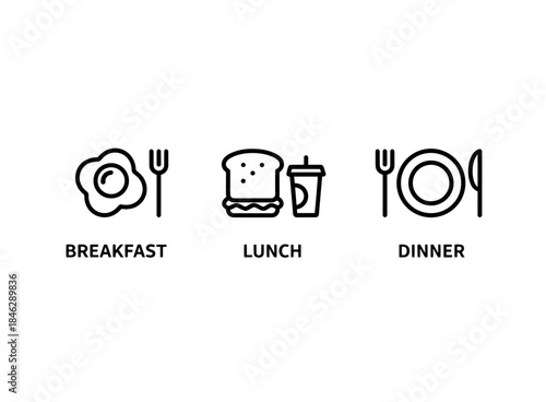 Breakfast Lunch Dinner Minimal Bold Line Icon Set