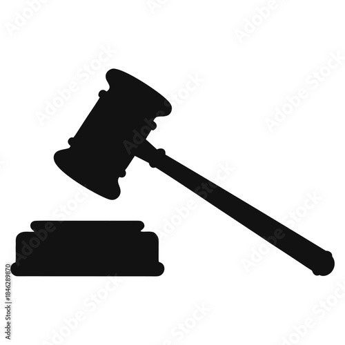 Simple black law icon with gavel on sound block, representing justice and legal system.