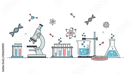 Scientific Laboratory Equipment Illustration Showing Test Tubes Microscope and Related Elements
