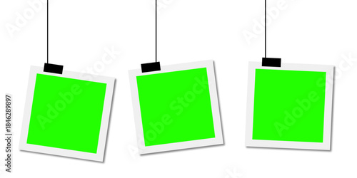 Hanging polaroid photo frames with green screen placeholders isolated on transparent background for photo mockup design presentation and creative layout usage