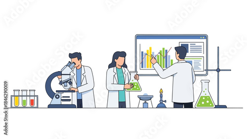 scientists conducting experiments in a modern laboratory with advanced equipment and data analysis