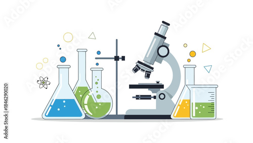scientific laboratory setup with test tubes, microscope and chemical reactions illustrating